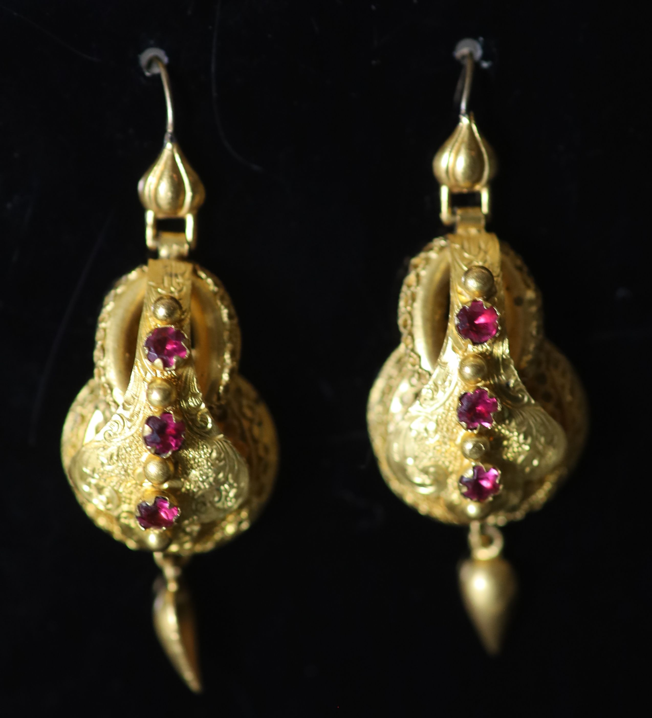 A pair of Victorian gold and pink stone set double gourd shaped drop earrings,